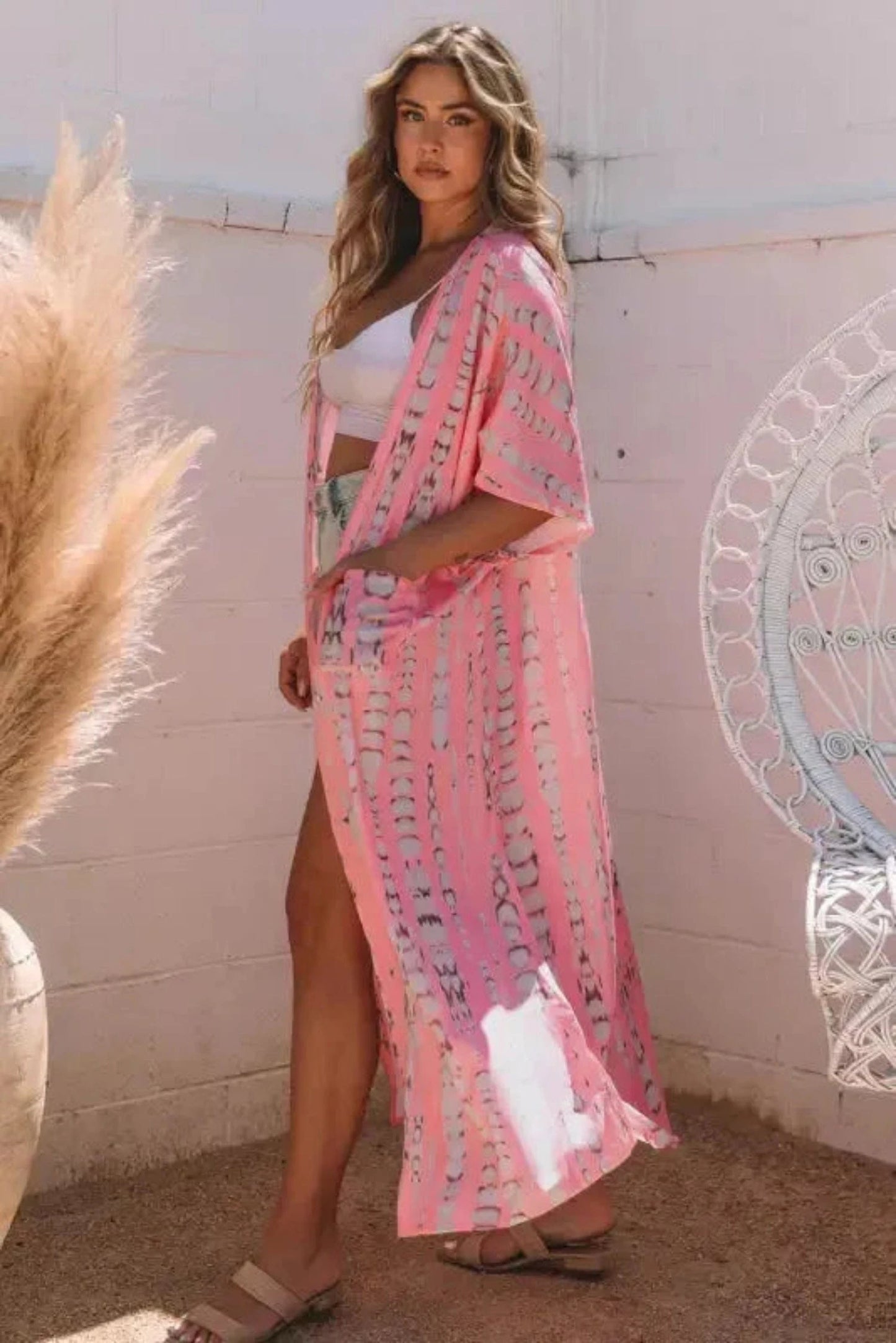 Kimonos Pink / ONE SIZE / 100%Polyester Boho Tie-Dye Open Front Kimono