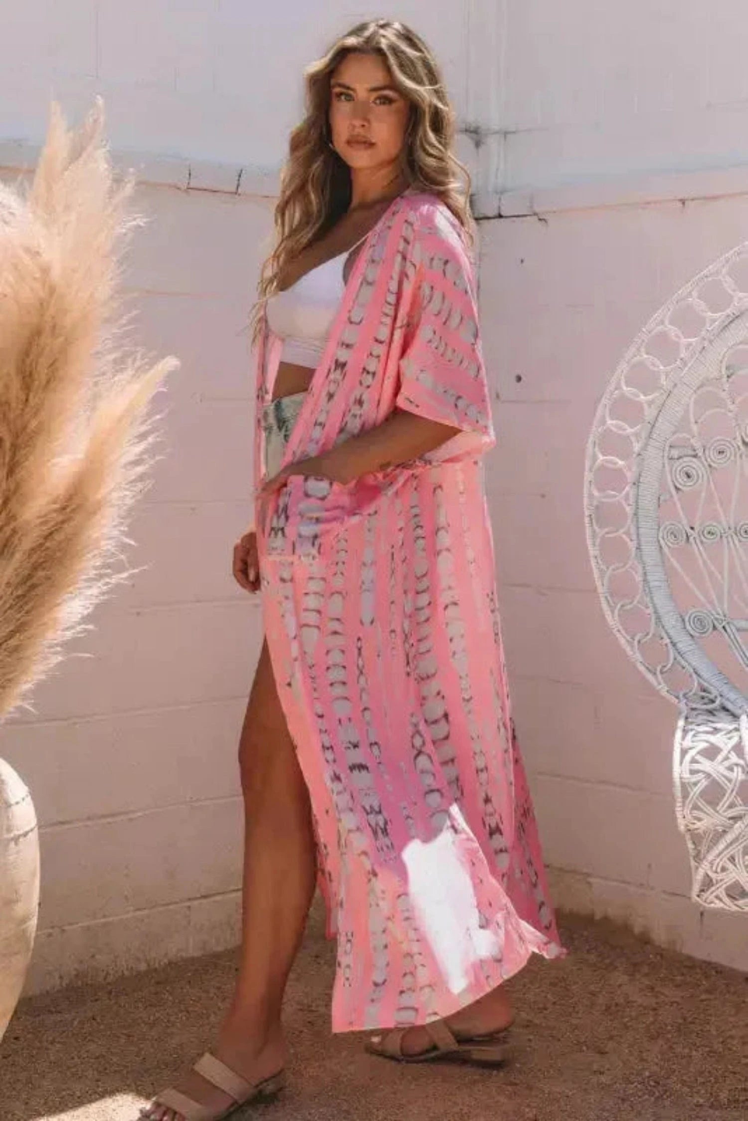 Kimonos Pink / ONE SIZE / 100%Polyester Boho Tie-Dye Open Front Kimono