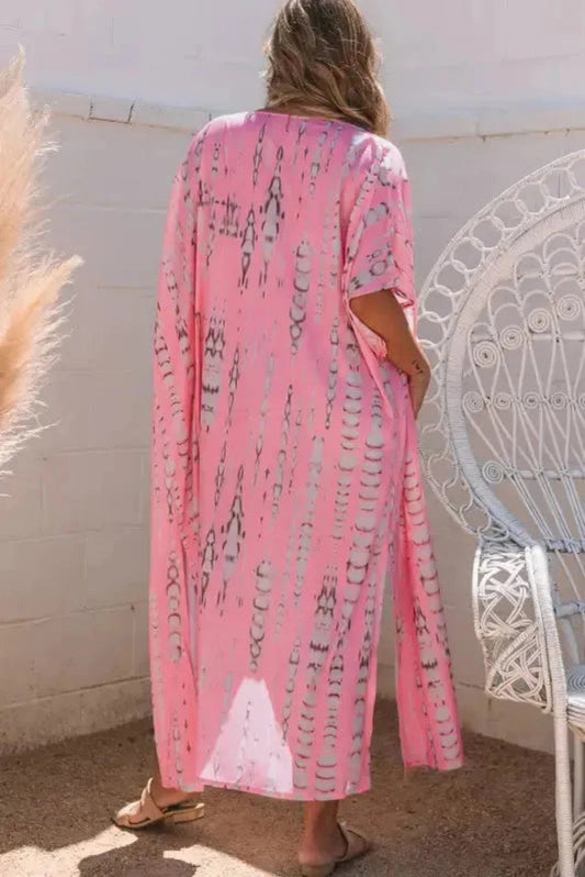 Kimonos Pink / ONE SIZE / 100%Polyester Boho Tie-Dye Open Front Kimono