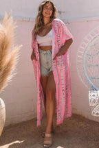 Kimonos Pink / ONE SIZE / 100%Polyester Boho Tie-Dye Open Front Kimono