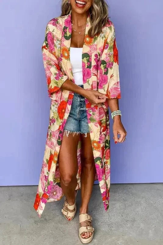 Kimonos Pink / S / 100%Polyester Floral Aura Duster Kimono