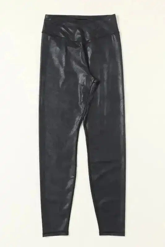 Leggings Black Crossed Dip Waist Sleek Leather Leggings