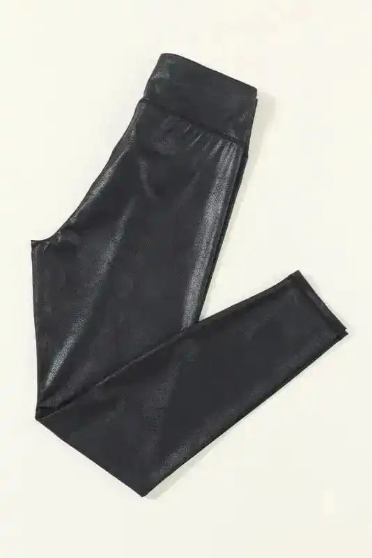 Leggings Black / S / 92%Polyester+8%Elastane Black Crossed Dip Waist Sleek Leather Leggings