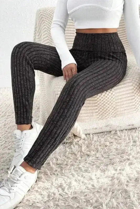 Leggings Dark Grey / L / 95%Polyester+5%Elastane Wide Waistband Ribbed Textured Knit Leggings