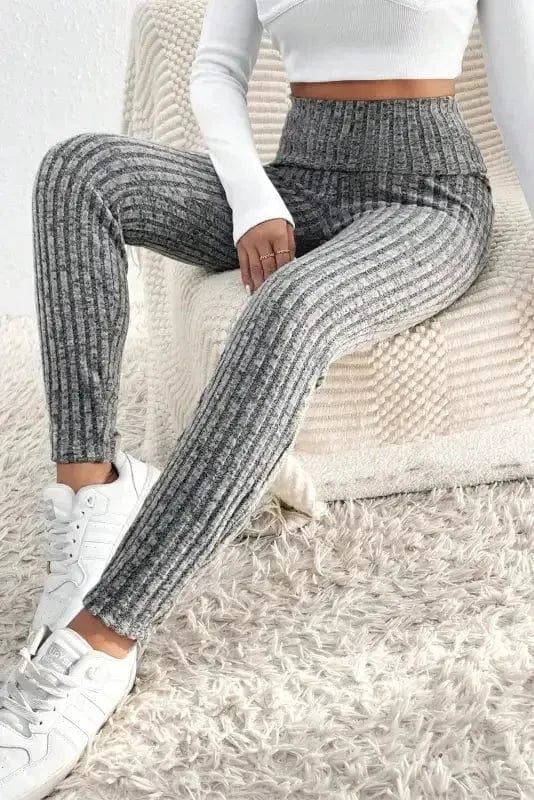 Leggings Gray / L / 95%Polyester+5%Elastane Wide Waistband Ribbed Textured Knit Leggings