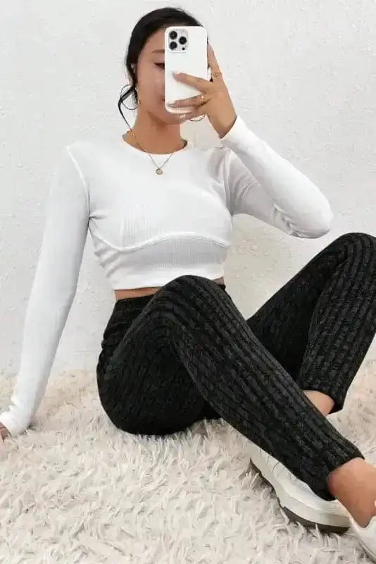 Leggings Wide Waistband Ribbed Textured Knit Leggings