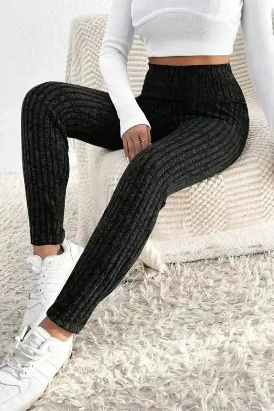 Leggings Wide Waistband Ribbed Textured Knit Leggings