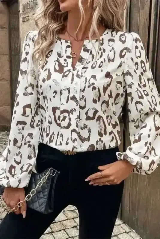 Leopard Print Balloon Sleeve Blouse Women UK in khaki — front view showing classic khaki leopard print and balloon sleeve silhouette — Fashionfitz