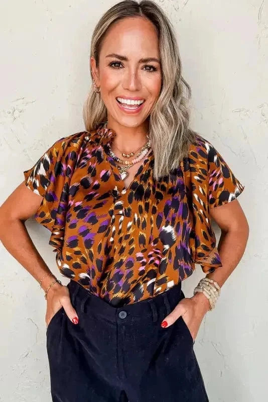 Leopard Blouses Leopard Draped Blouse - Short Sleeve