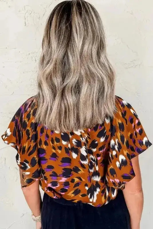 Leopard draped short sleeve blouse back view — Fashionfitz UK