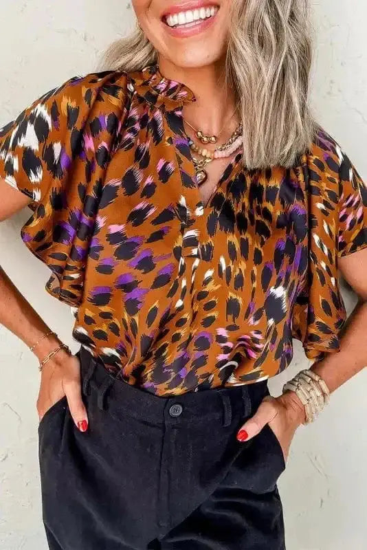 Leopard draped short sleeve print blouse front view — Fashionfitz UK