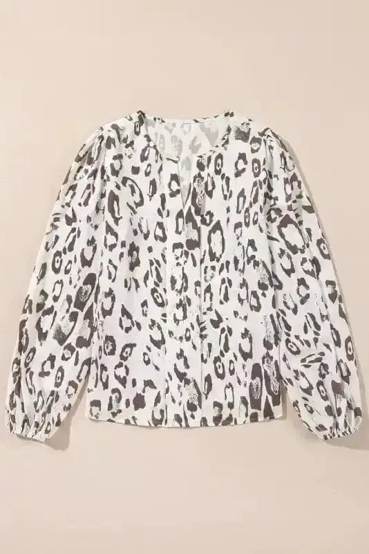 Close-up of Leopard Print Balloon Sleeve Blouse showing warm khaki leopard print and balloon sleeve gathering — Fashionfitz
