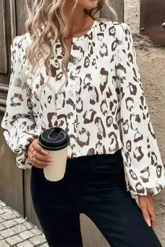 Side view of Leopard Print Balloon Sleeve Blouse showing rounded balloon sleeve shape and shirred bodice — Fashionfitz