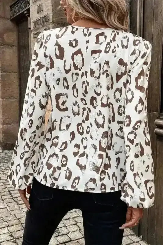Back view of Leopard Print Balloon Sleeve Blouse showing long balloon sleeve structure and V-neckline — Fashionfitz