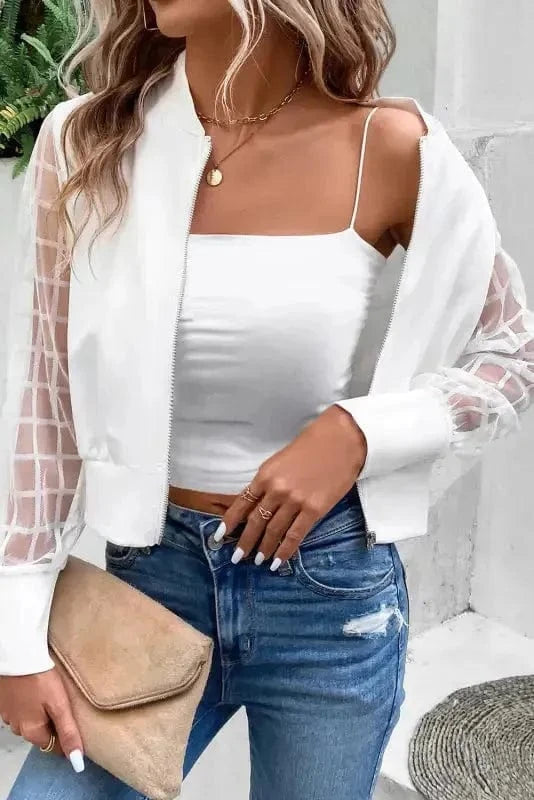 Lightweight Jackets Black Latticed Mesh Sleeve Zip Up Bomber Jacket