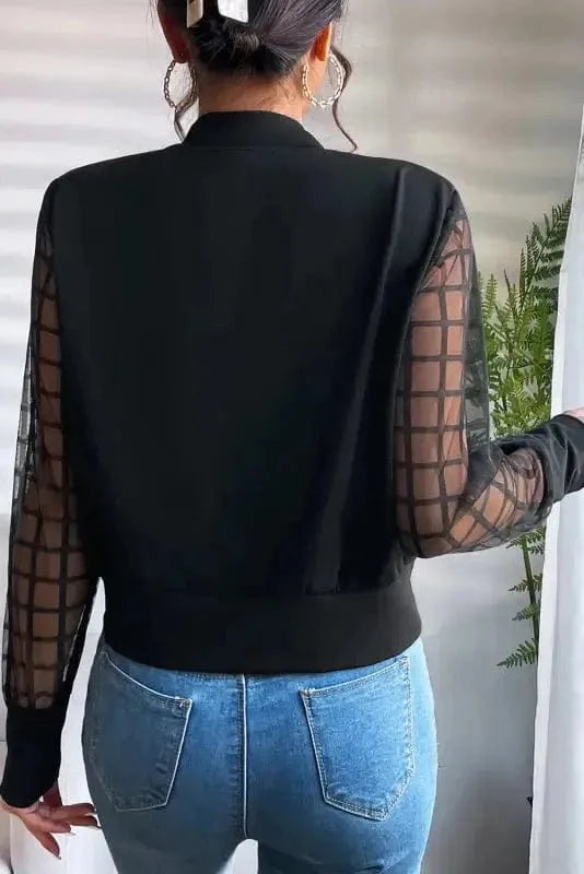 Lightweight Jackets Black Latticed Mesh Sleeve Zip Up Bomber Jacket