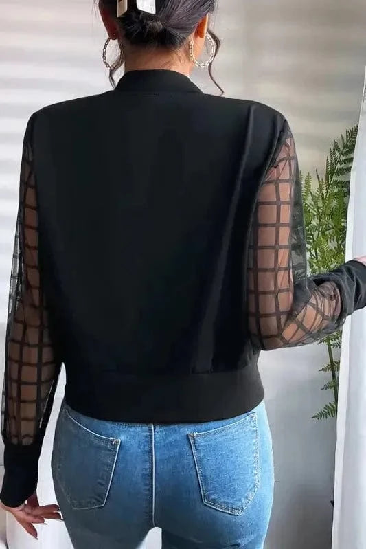 Lightweight Jackets Black Latticed Mesh Sleeve Zip Up Bomber Jacket