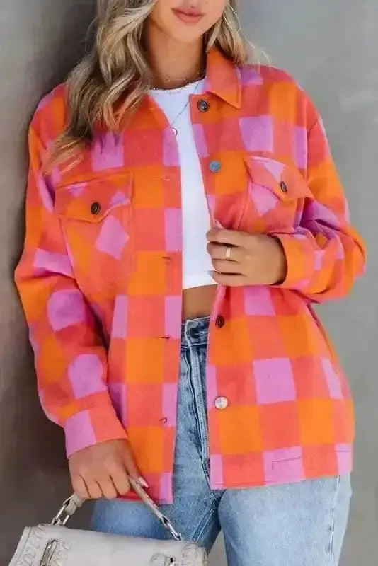 Orange patch pocket plaid jacket front view — Fashionfitz UK