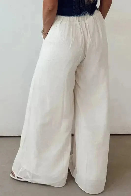 Linen Pants Wide Leg Linen Pants - White Casual Tie Waist
