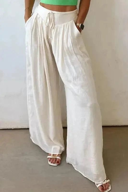 Linen Pants Wide Leg Linen Pants - White Casual Tie Waist