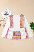 Long Sleeve Tops Aztec Charm Ruffle Tunic