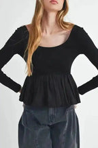 Long Sleeve Tops Black / S / 50%Viscose+28%Polyester+22%Polyamide Elegant Noir Peplum Top