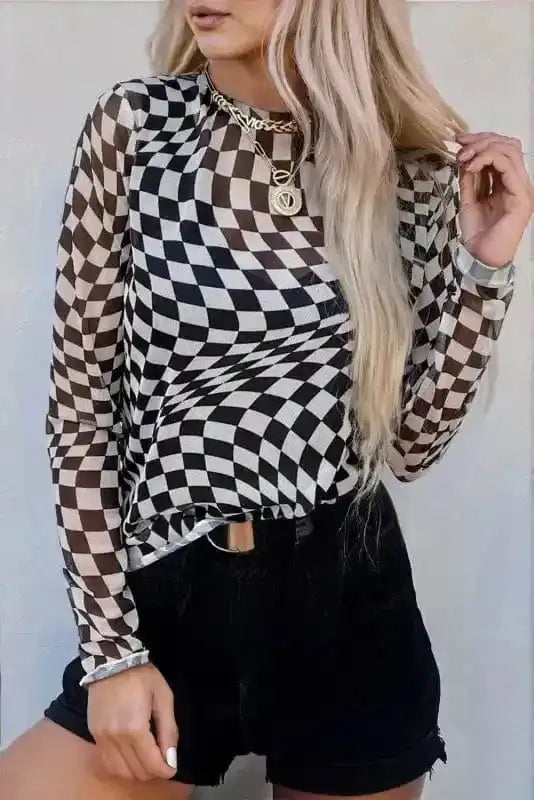 Long Sleeve Tops Black / S / 95%Polyester+5%Elastane Urban Grid Mesh Top