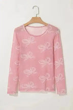Long Sleeve Tops Bow Charm Mesh Top