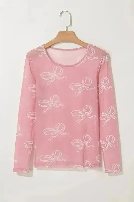 Long Sleeve Tops Bow Charm Mesh Top