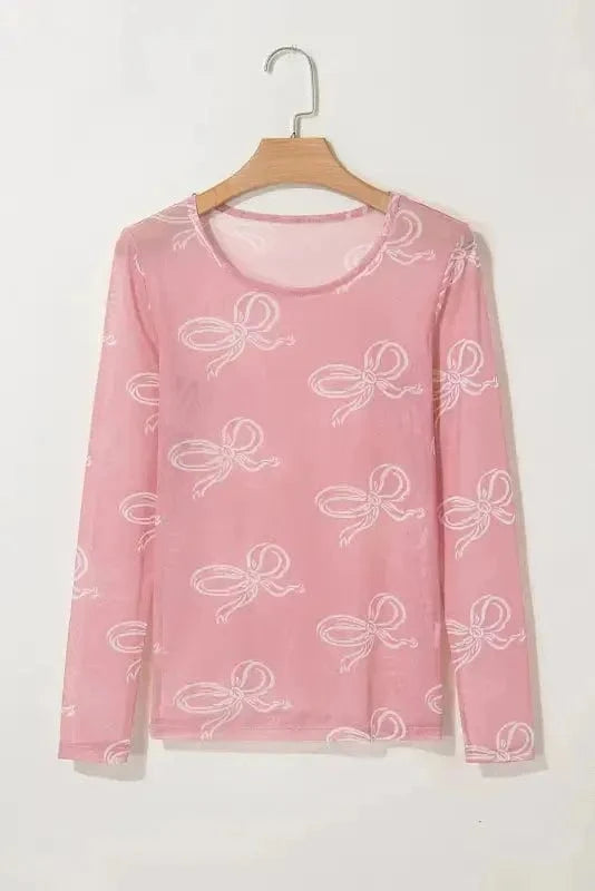 Long Sleeve Tops Bow Charm Mesh Top