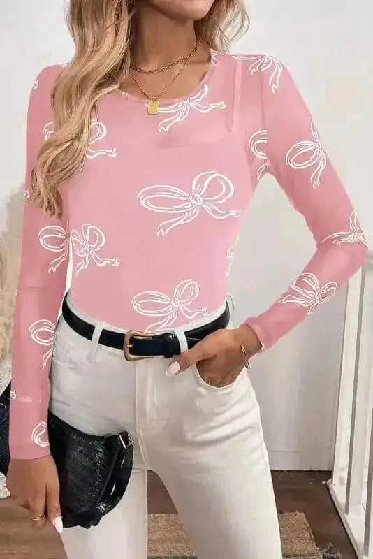 Long Sleeve Tops Bow Charm Mesh Top