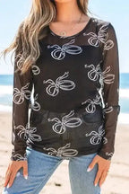 Long Sleeve Tops Bow Charm Mesh Top