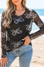 Long Sleeve Tops Bow Charm Mesh Top