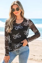 Long Sleeve Tops Bow Charm Mesh Top