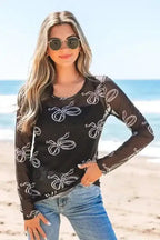 Long Sleeve Tops Bow Charm Mesh Top