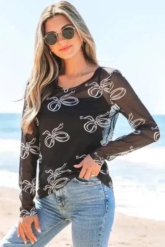 Long Sleeve Tops Bow Charm Mesh Top