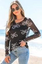 Long Sleeve Tops Bow Charm Mesh Top