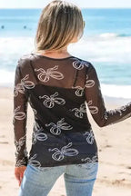 Long Sleeve Tops Bow Charm Mesh Top