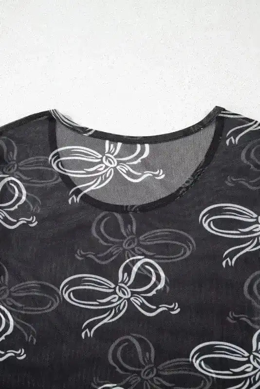 Long Sleeve Tops Bow Charm Mesh Top