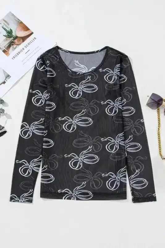 Long Sleeve Tops Bow Charm Mesh Top