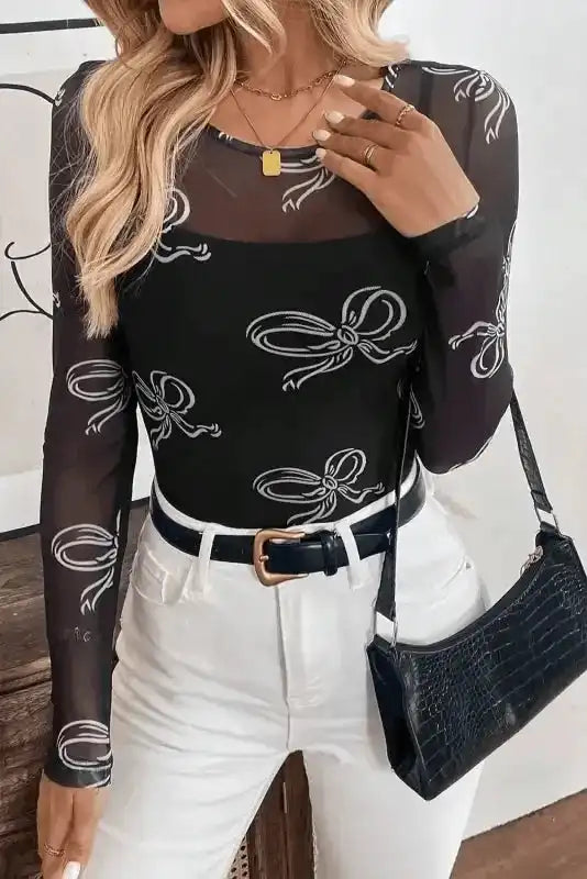 Long Sleeve Tops Bow Charm Mesh Top
