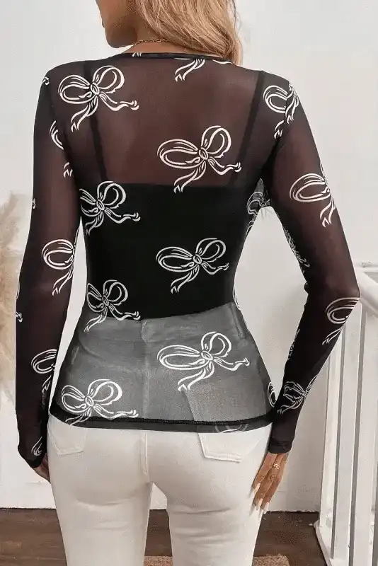 Long Sleeve Tops Bow Charm Mesh Top
