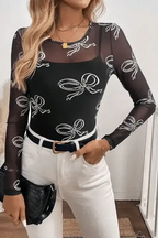 Long Sleeve Tops Bow Charm Mesh Top