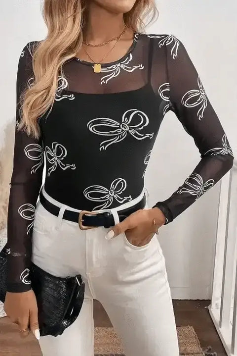 Long Sleeve Tops Bow Charm Mesh Top