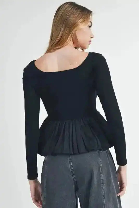 Long Sleeve Tops Elegant Noir Peplum Top