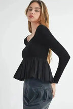 Long Sleeve Tops Elegant Noir Peplum Top