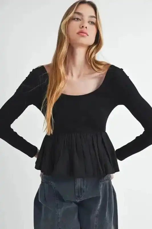 Long Sleeve Tops Elegant Noir Peplum Top