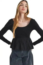 Long Sleeve Tops Elegant Noir Peplum Top