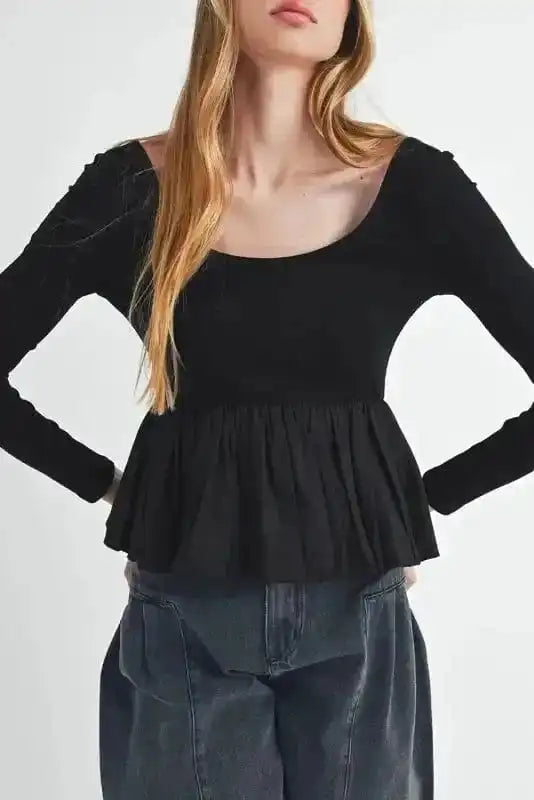 Long Sleeve Tops Elegant Noir Peplum Top
