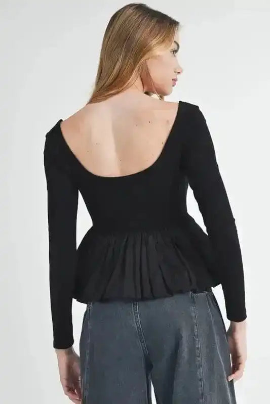 Long Sleeve Tops Elegant Noir Peplum Top